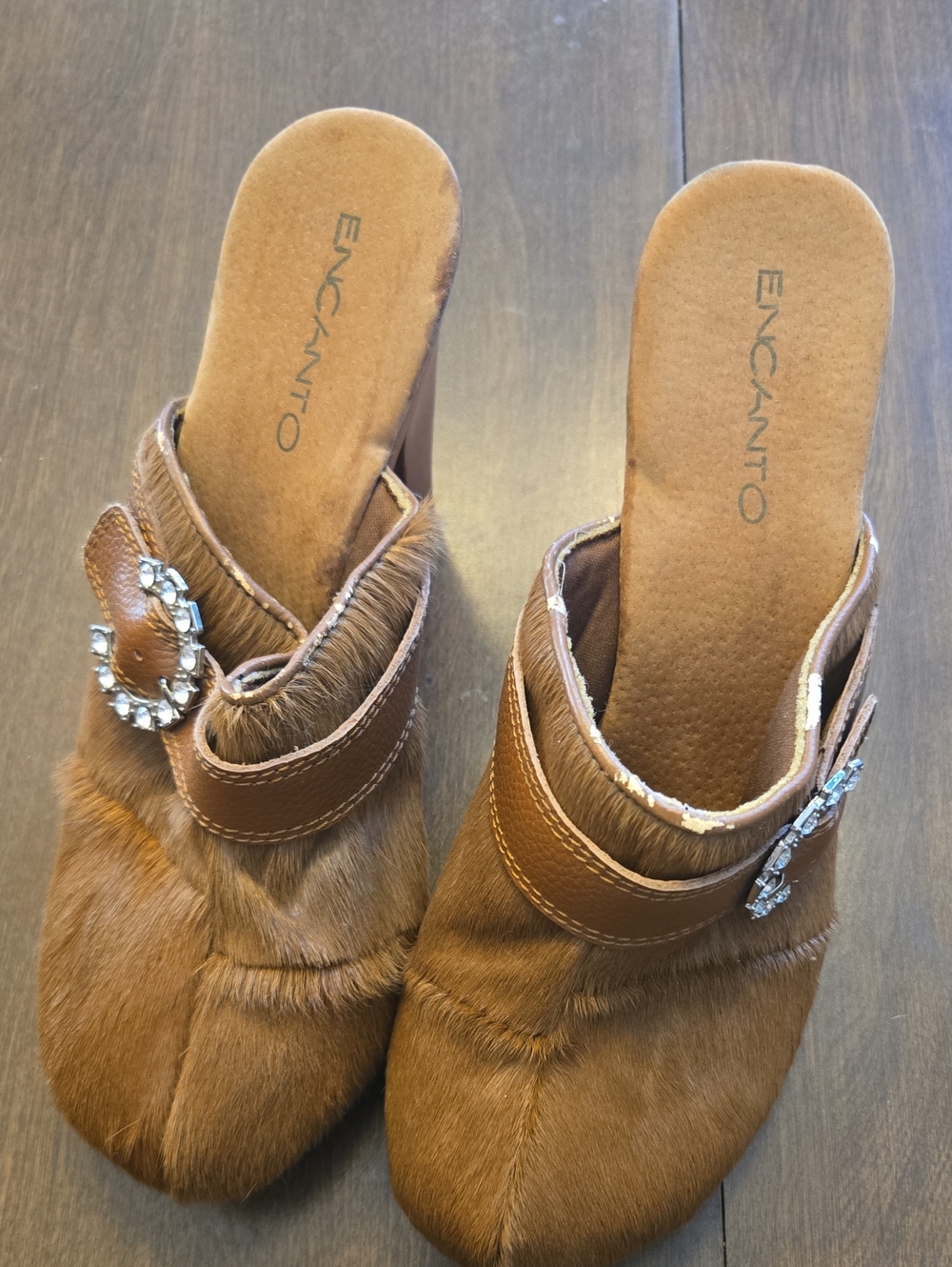 Women’s Brown Fur Mules with Decorative Buckle